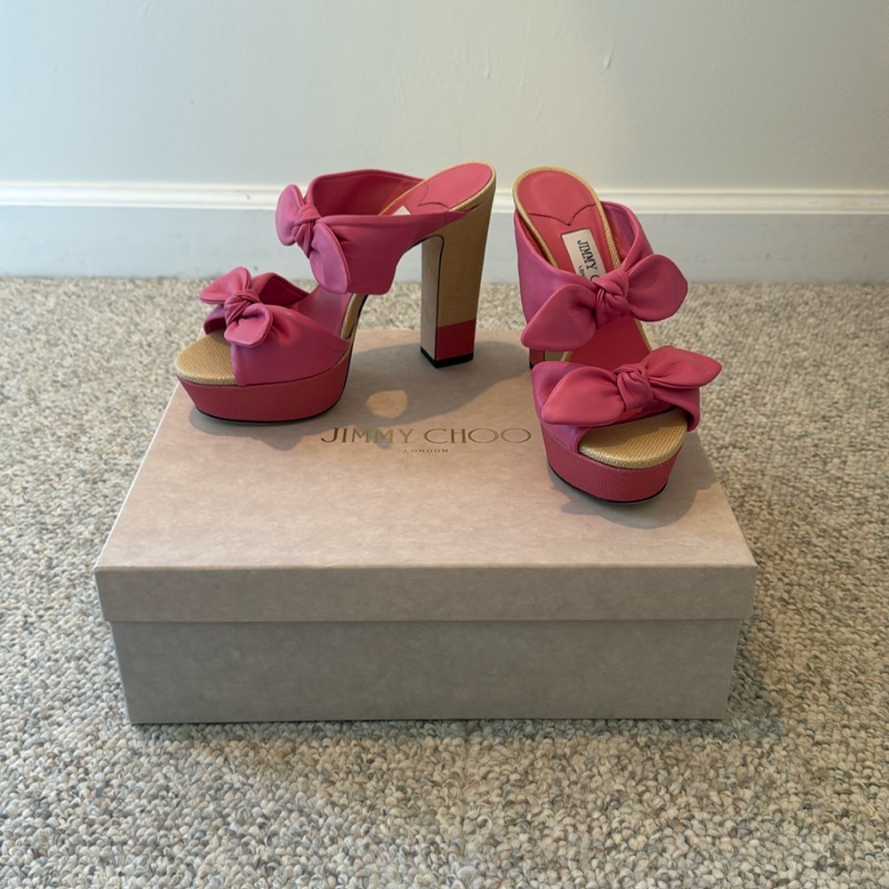 Jimmy Choo Rua 120 Leather And Raffia Platform Sandals - pink, size 37 (US 7)